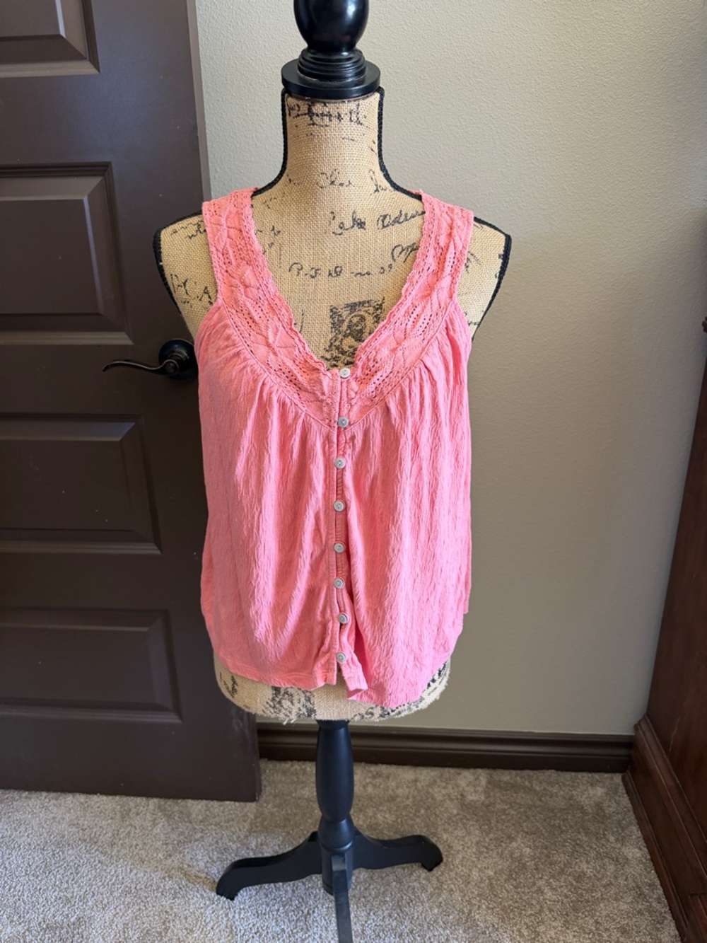 Lucky Brand Coral Pink Lace-Trim Button Tank